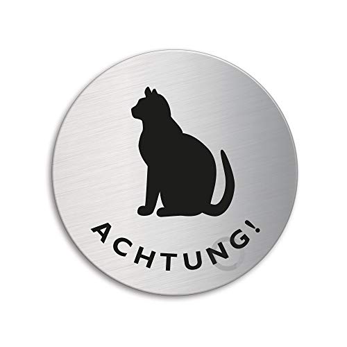 OFFORM DESIGN Schild - Achtung Katze | Türschild aus Edelstahl | Türschild aus Edelstahl Ø 75 mm selbstklebend | Original Nr.39285 von OFFORM DESIGN