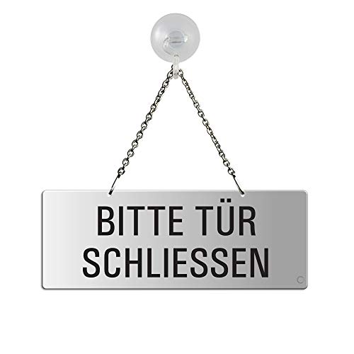Schild Hängeschild Kettenschild Bitte Tür schliessen Melamin grau Text einseitig 175x65 mm mit Saugnapfhaken Nr.31027-GS von OFFORM DESIGN