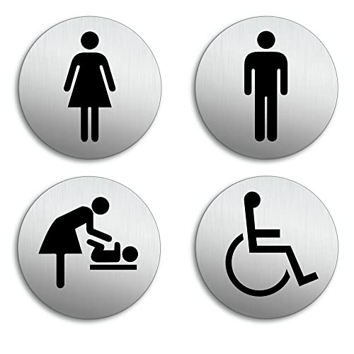 OFFORM DESIGN Schild - WC Damen Herren Wickelraum Rollstuhl Ø 75 mm 4er-Set Aluminiumschilder Edelstahloptik von OFFORM DESIGN