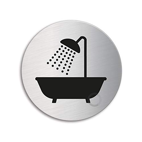 Schild Badezimmer Ø 75 mm Türschild aus Edelstahl fein-matt gebürstet selbstklebend 39061 von OFFORM DESIGN