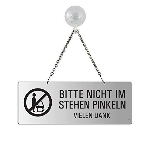 OFFORM DESIGN Hängeschild Bitte Nicht im Stehen Pinkeln 175x65 mm mit Saugnapfhaken Aluminium Silber-matt eloxiert Text einseitig Metallkette Nr.31054-ES von OFFORM DESIGN