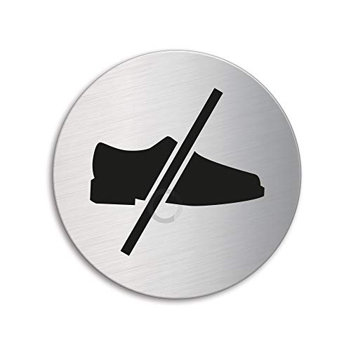 Schild Bitte Schuhe ausziehen Ø 75 mm Türschild aus Edelstahl fein-matt gebürstet selbstklebend Nr.39066 von OFFORM DESIGN