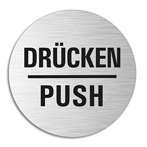 Schild Drücken Push Türschild aus Aluminium Edelstahloptik selbstklebend Ø 75 mm von OFFORM DESIGN