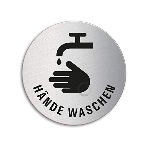 Schild Hände waschen Ø 75 mm Türschild aus Edelstahl fein-matt gebürstet selbstklebend 39247 von OFFORM DESIGN