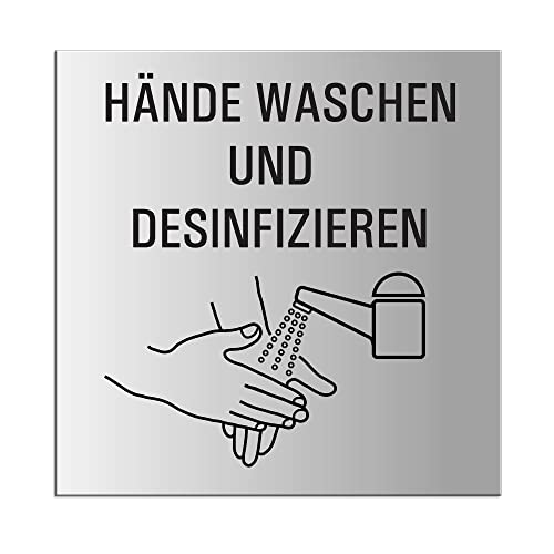 Schild Hände waschen und desinfizieren XL Hinweisschild aus Aluminium silber-matt eloxiert 200x200 mm selbstklebend | Nr.44049-E von OFFORM DESIGN