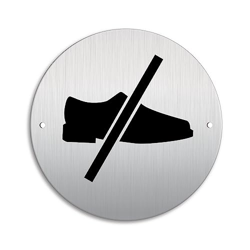 Schild - Schuhe ausziehen 2-fach gelocht Ø 100 mm Türschild aus Aluminium Edelstahloptik von OFFORM DESIGN