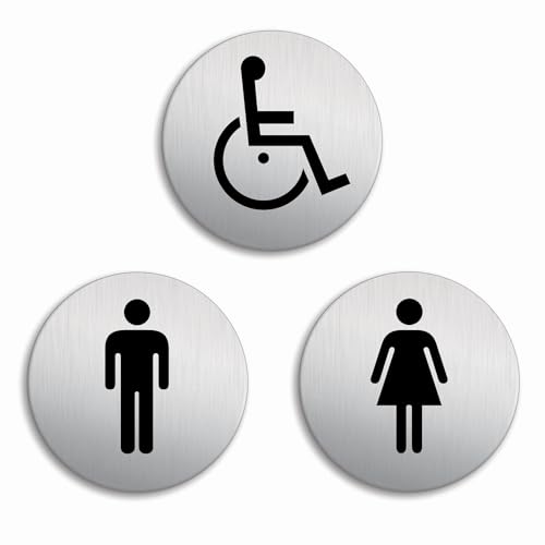 Schild - WC Damen + Herren + Behinderte 3er Set Ø 100 mm Toilettenschild Edelstahloptik selbstklebend No.53259-K von OFFORM DESIGN