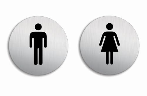 WC Toilettenschilder Damen Herren Schild 2er Set Ø 100 mm Aluminium Edelstahloptik selbstklebend von OFFORM DESIGN