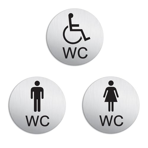Schild WC Damen Herren Behinderte Ø 100 mm 3er-Set Türschilder Aluminium gebürstet Edelstahloptik selbstklebend von OFFORM DESIGN