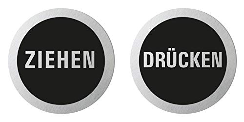 Schild Ziehen Drücken Ø 75 mm 2er-Set Türschilder aus Aluminium Edelstahloptik selbstklebend 41207-K von OFFORM DESIGN