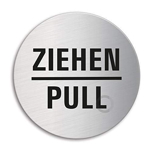 Schild - Ziehen - Pull | Türschild aus Edelstahl Ø 100 mm selbstklebend | Original Ofform Design Nr.7720 von Ofform - Sign Ø 100 mm