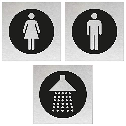 Schilderset WC Damen WC Herren Dusche 80x80 mm 3er-Set Aluminiumschilder Edelstahloptik selbstklebend 13206 von OFFORM DESIGN