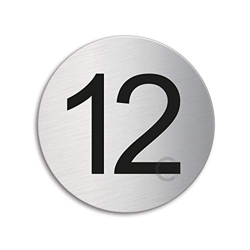 Türnummer 12 Zimmernummer Türschild aus Edelstahl Ø 75 mm selbstklebend Nr.40082 von OFFORM DESIGN