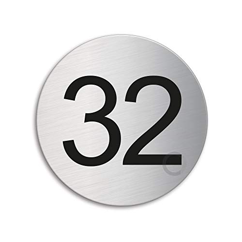 Türnummer 32 Zimmernummer Türschild aus Edelstahl Ø 75 mm selbstklebend Nr.41022 von OFFORM DESIGN