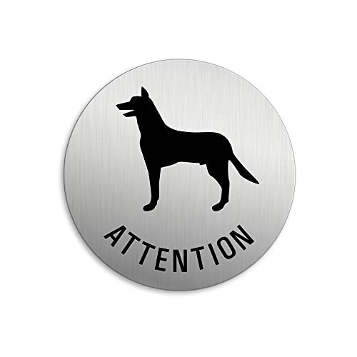 Türschild - Achtung an Hund | Ø 75 mm Aluminium gebürstet Edelstahloptik | Selbstklebend Nr. 39026-S von OFFORM DESIGN
