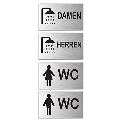 Türschild Toilettenschild Duschraumschild 4er-Set Dusche Damen Dusche Herren WC Damen WC Herren Aluminium Edelstahlschilder-Optik 60x100 mm Sparversand Nr.44675-S von OFFORM DESIGN