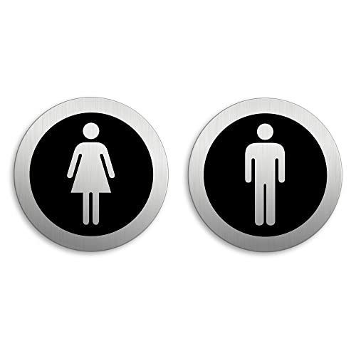 WC Schild Damen Herren Toilettenschilder 2er-Set Ø 75 mm Aluminium selbstklebend (Schwarz) von OFFORM DESIGN