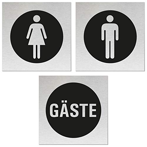 WC Schild Toilette Damen Herren Gäste | 3er-Set | Aluminium Edelstahlschilder Optik | Druck tiefschwarz selbstklebend | Original Ofform Design | Nr.13207 von OFFORM DESIGN