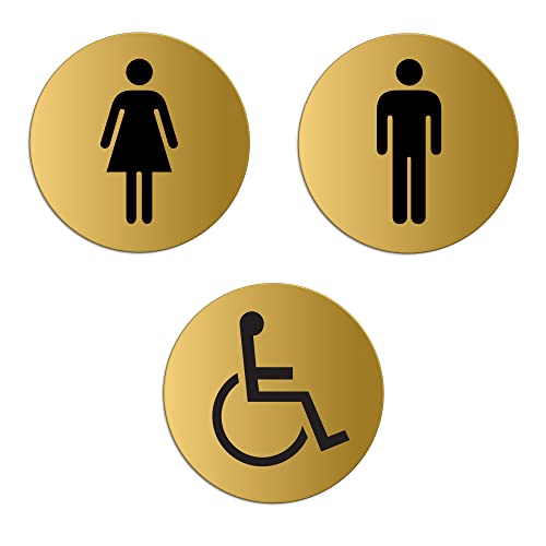 WC Toiletten Schild Damen Herren Rollstuhl Toilettenschilder 3er Set Ø 75 mm Aluminium matt Gold von OFFORM DESIGN
