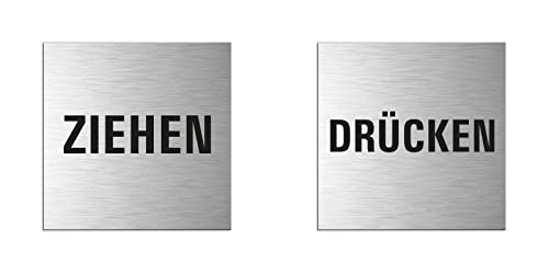 Ziehen Drücken Schilder 2er-Set Aluminium Edelstahlschilder-Optik Format 80x80 mm Nr.11906-S von OFFORM DESIGN