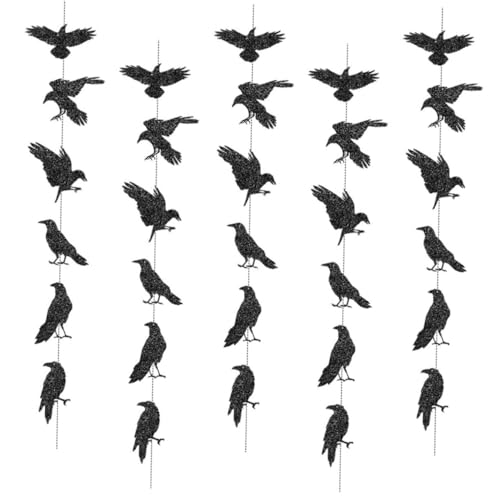 OFFSCH 5 Stück Teiliges Halloween Raben Girlande mit Elegantem Glitzerfinish Stilvolles Gotisches Partybanner Papierbasierte Dekoration für Fenster und Kaminumgebung für Gruselige von OFFSCH