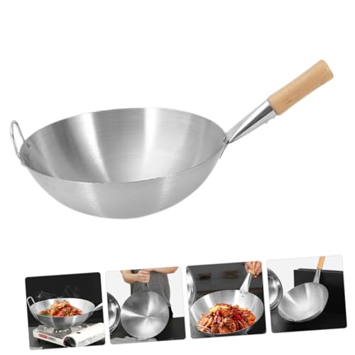 OFFSCH Edelstahl Wokpfanne mit Holzgriff Runder Boden Langlebig und Vielseitig für Braten Dünsten Kochen Antihaftbeschichtung Ergonomisch für Gasherd und Induktion Professionelle von OFFSCH