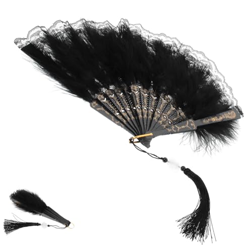 OFFSCH Faltbarer Vintage Spitzen-federfächer Leichter Handlicher Brautfächer mit Doppelseitigen Schwarzen Federn Stabiles Design für Hochzeit Party Tanz und Dekoration von OFFSCH