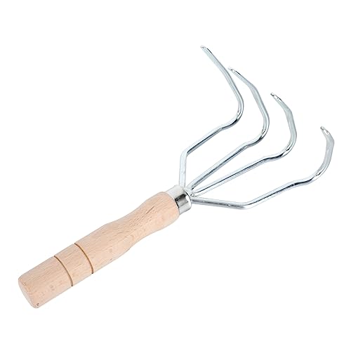 OFFSCH Robuster Gartenrechen Karbonstahl mit Vier Kurzer Holzgriff Gartengerät zum Lockern und Jäten Bodenbearbeitung Werkzeug für Garten und Landwirtschaft von OFFSCH