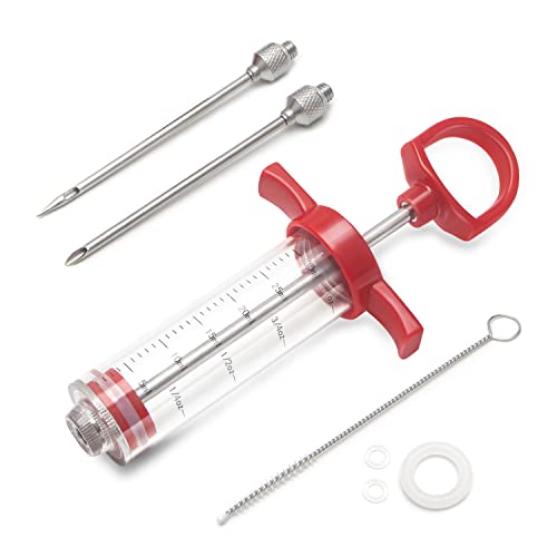 Meat Injector, Plastic Marinade Turkey Injector Syringe with Screw-on Meat Needle for Smoker BBQ Grill, 1-oz, Red, Recipe E-Book (Download PDF) von OFG