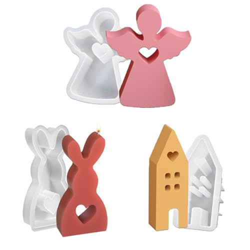 3 Stück Ostern Silikonform, Silikonformen Gießformen Häuser Kerzenformen zum Gießen Engel Kerzen Silikonform Niedliche 3D Kaninchen Kerze Silikonform Gips Hasenform für Ostern von OFGAOO