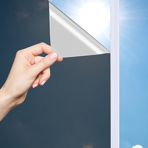OFHome Spiegelfolie tönungsfolie Selbstklebend, Fensterfolie Blickdicht von Aussen, UV-Schutz Sonnenschutzfolie, Wärmeisolierung Sichtschutz, scheibentönungsfolie mit Kleber, Schwarz Silber 105x300cm von OFHome