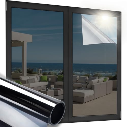 OFHome Fensterfolie von innen durchsichtig von aussen Blickdicht 40x200cm Spiegelfolie Fenster Sichtschutz Sonnenschutzfolie Selbstklebend UV-Schutz Selbstklebend Fenster Silber Schwarz von OFHome