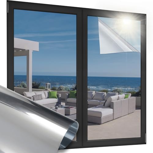 OFHome Spiegelfolie Selbstklebend Sichtschutz, Fensterfolie Blickdicht von Aussen, UV-Schutz Sonnenschutzfolie, Wärmeisolierung Thermofolie Fenster Gegen hitze mit Kleber, Silber, 40x300cm von OFHome
