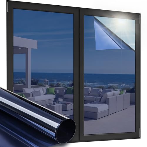 OFHome Fensterfolie von innen durchsichtig von aussen Blickdicht, Spiegelfolie Selbsthaftend Wärmeisolierung, Sonnenschutzfolie UV-Schutz Thermofolie Fenster Gegen hitze, Blau Silber, 90x200cm von OFHome