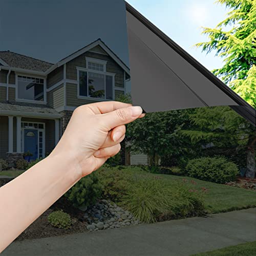 OFHome Fensterfolie Blickdicht von Aussen, Spiegelfolie Selbstklebend UV-Schutz, Wärmeisolierung Sichtschutz Sonnenschutzfolie mit Kleber, Thermofolie Fenster Gegen hitze, Schwarz, 90x200cm von OFHome