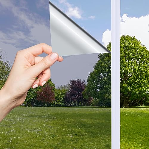 OFHome Spiegelfolie Selbstklebend Sichtschutz, Fensterfolie Blickdicht von Aussen, UV-Schutz Sonnenschutzfolie, Wärmeisolierung Thermofolie Fenster Gegen hitze mit Kleber, Silber, 90x200cm von OFHome