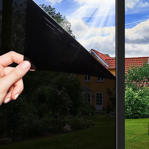 OFHome Fensterfolie Blickdicht von Aussen, Spiegelfolie Selbstklebend UV-Schutz, Wärmeisolierung Sichtschutz Sonnenschutzfolie mit Kleber, Thermofolie Fenster Gegen hitze, Schwarz, 105x200cm von OFHome