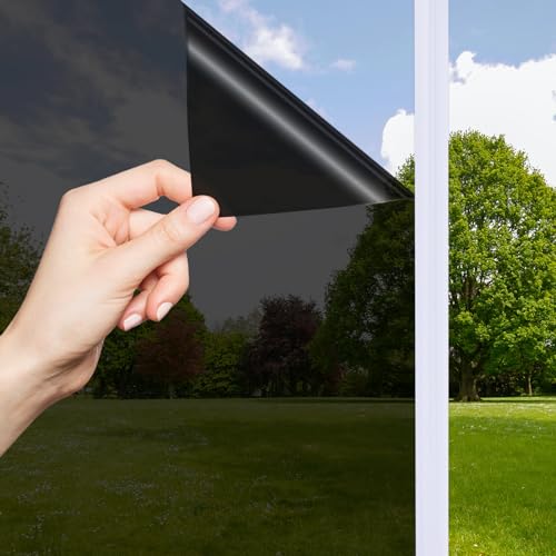 OFHome Fensterfolie Blickdicht von Aussen, Spiegelfolie Selbstklebend UV-Schutz, Wärmeisolierung Sichtschutz Sonnenschutzfolie mit Kleber, Thermofolie Fenster Gegen hitze, Schwarz, 118x500cm von OFHome