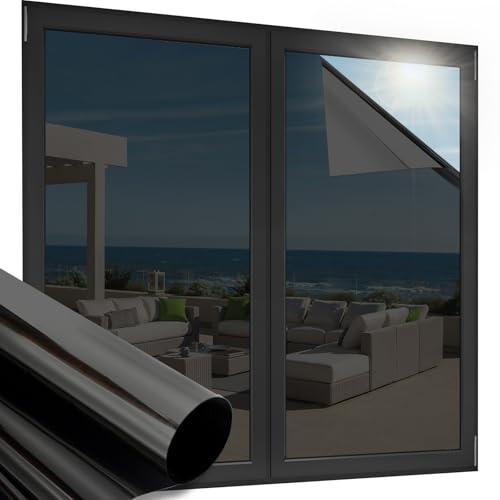 OFHome Fensterfolie Blickdicht von Aussen, Spiegelfolie tönungsfolie selbstklebend scheibentönungsfolie, Sichtschutz Sonnenschutzfolie mit Kleber, Thermofolie Fenster Gegen hitze, Schwarz, 30x300cm von OFHome