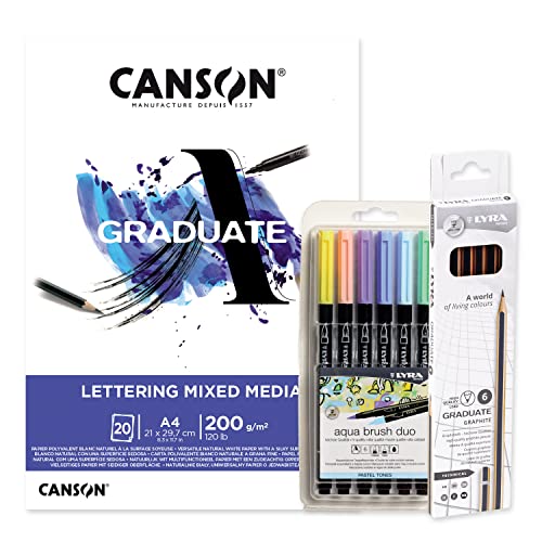 Canson Graduate Lettering Multi-Technical Bloc Kit 20 Blatt 200 g, Lyra Aqua Brush Duo Pastelltöne 6 Einheiten, doppelseitige Marker: einer fein – Ofituria von OFITURIA