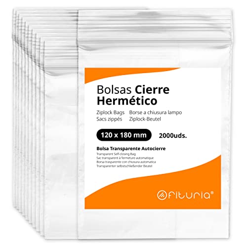 Luftdichte Beutel aus Kunststoff, transparent, ideal zum Einfrieren von Lebensmitteln, zur Aufbewahrung von Dokumenten, wiederverwendbaren und Aufbewahrungsbeuteln, Opiturien (120 x 180 mm, 2000 u) von OFITURIA