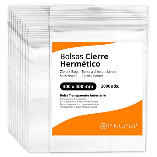 Luftdichte Beutel aus Kunststoff, transparent, ideal zum Einfrieren von Lebensmitteln, zur Aufbewahrung von Dokumenten, wiederverwendbaren und Aufbewahrungsbeuteln, Opiturien (300 x 400 mm, 2000 u) von OFITURIA