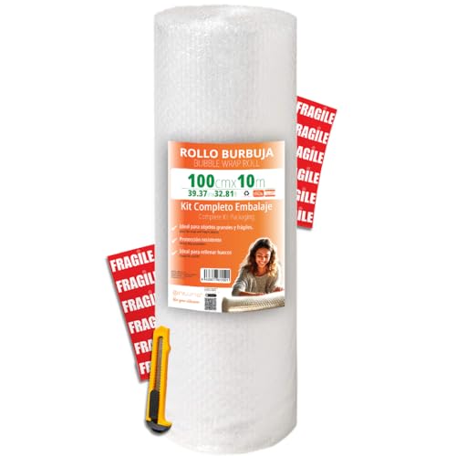 OFITURIA Luftpolsterfolie Verpackung 100cm x 10m – Komplettes Verpackungsset mit Cutter + 12 FRAGILE Aufklebern – Alles für Umzug, Verpackung, Luftpolsterfolie von OFITURIA