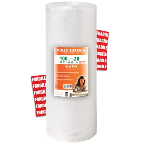 OFITURIA Luftpolsterfolie Verpackung 100cm x 20m – Fragil-Pack mit 12 FRAGILE Aufklebern – ideal für Umzug, Verpackung, Polsterfolie, bubble wrap von OFITURIA