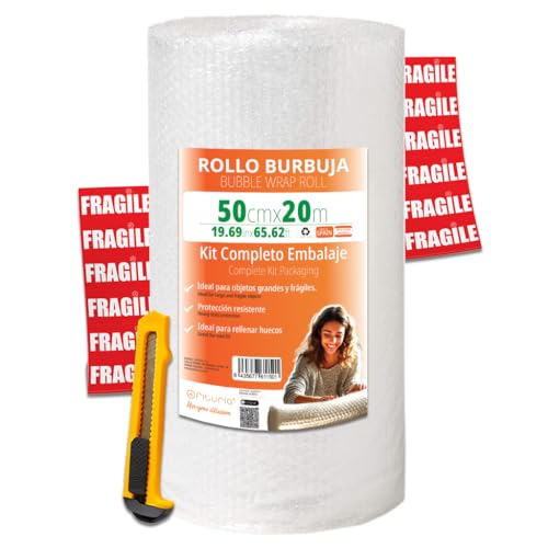 OFITURIA Luftpolsterfolie Verpackung 50cm x 20m – Komplettes Verpackungsset mit Cutter + 12 FRAGILE Aufklebern – Alles für Umzug, Verpackung, Luftpolsterfolie von OFITURIA