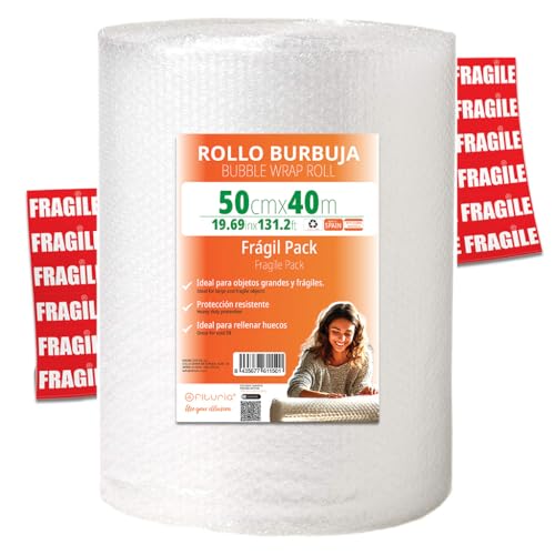 OFITURIA Luftpolsterfolie Verpackung 50cm x 40m – Fragil-Pack mit 12 FRAGILE Aufklebern – ideal für Umzug, Verpackung, Polsterfolie, bubble wrap von OFITURIA