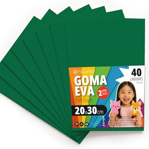 OFITURIA Moosgummi für Bastelarbeiten und Schulprojekte, Farbiges Schaumstoff ideal für DIY, Dekoration, Scrapbooking und kreative Projekte 20x30cm (Dunkelgrün, 40 Stk) von OFITURIA