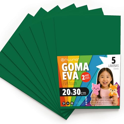 OFITURIA Moosgummi für Bastelarbeiten und Schulprojekte, Farbiges Schaumstoff ideal für DIY, Dekoration, Scrapbooking und kreative Projekte 20x30cm (Dunkelgrün, 5 Stk) von OFITURIA