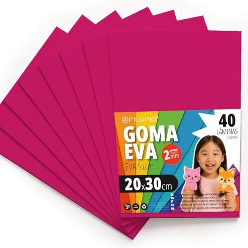 OFITURIA Moosgummi für Bastelarbeiten und Schulprojekte, Farbiges Schaumstoff ideal für DIY, Dekoration, Scrapbooking und kreative Projekte 20x30cm (Fuchsia, 40 Stk) von OFITURIA