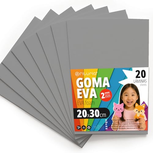 OFITURIA Moosgummi für Bastelarbeiten und Schulprojekte, Farbiges Schaumstoff ideal für DIY, Dekoration, Scrapbooking und kreative Projekte 20x30cm (Grau, 20 Stk) von OFITURIA